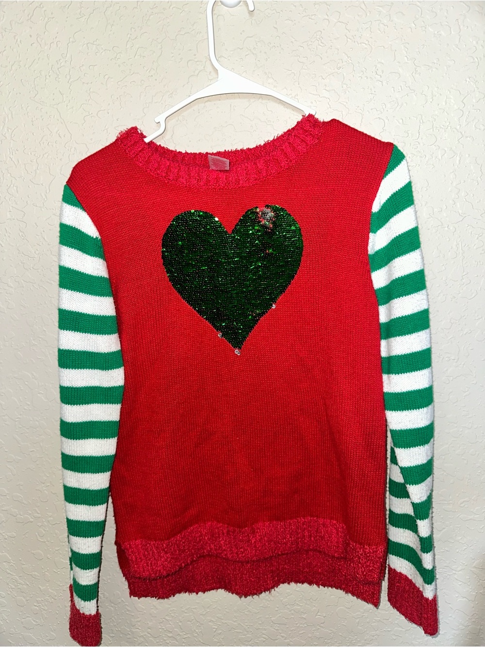 Holiday Time Red Sweater with Green Sequin Heart and Striped Sleeves